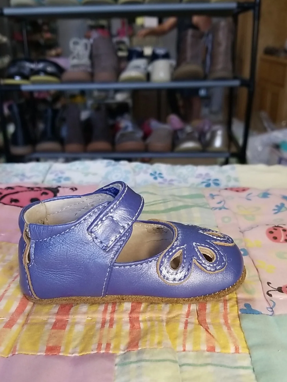 Livie & Luca Blue Leather Mary Jane Baby Shoes with Cutout Petals 0-6 Months
